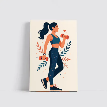 Woman Lifting Dumbbells Floral Flat Art Style