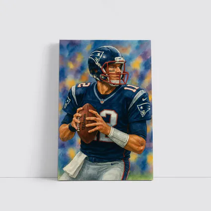Patriots Quarterback Watercolor Art Blue Background