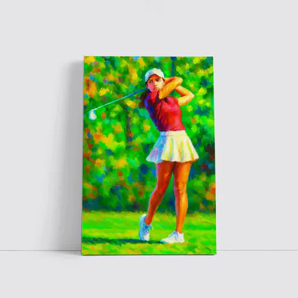Woman Golfer Swing Impressionist Painting Green Course