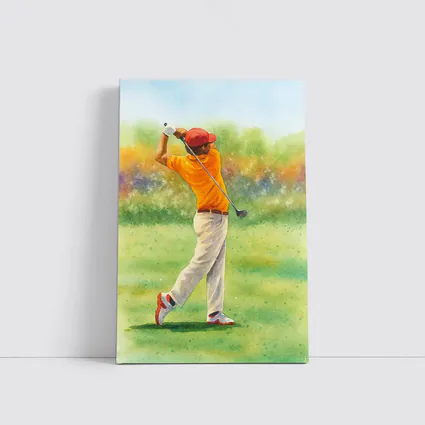 Watercolor Golfer Swinging Club on Green Course