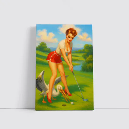 Pin Up Girl Golfing With Pelican Art