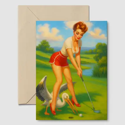 Pin Up Girl Golfing With Pelican Art