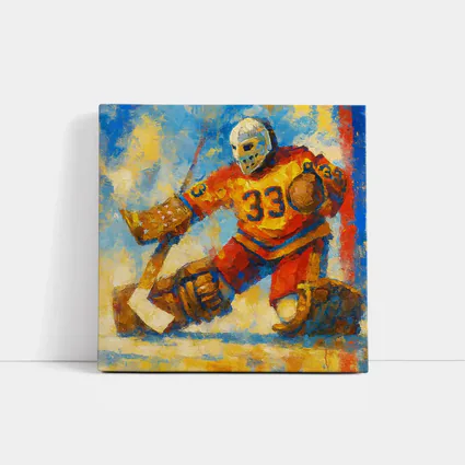 Hockey Goalie Oil Painting Blue Yellow Background