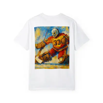 Hockey Goalie Oil Painting Blue Yellow Background