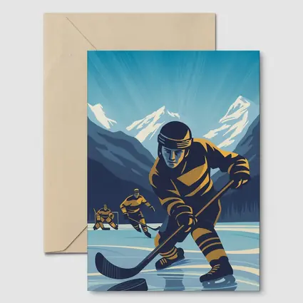 Ice Hockey Player Retro Mountain Illustration Art