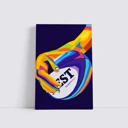 Rainbow Hand Gripping Rugby Ball Dark Background