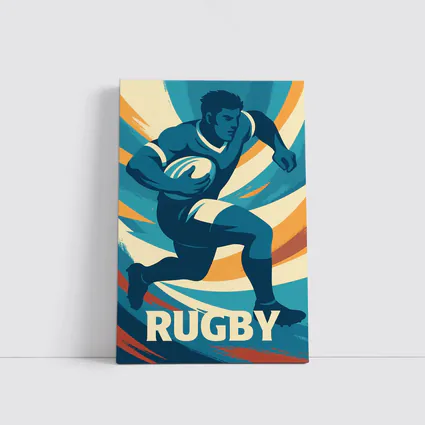 Rugby Player Running Retro Swirl Background