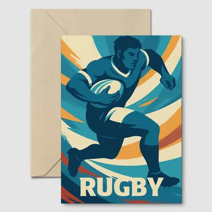 Rugby Player Running Retro Swirl Background