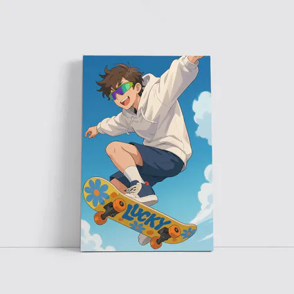 Anime Boy Skateboarding Jump Blue Sky