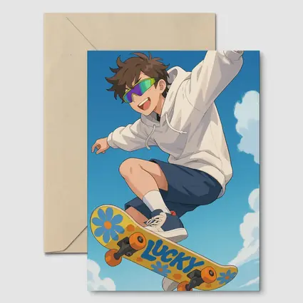 Anime Boy Skateboarding Jump Blue Sky