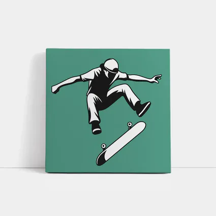 Skateboarder Kickflip Black White Teal Background