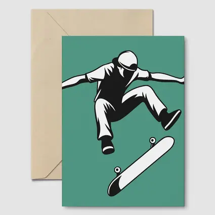 Skateboarder Kickflip Black White Teal Background