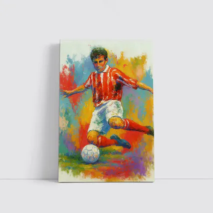Soccer Player Kicking Ball Colorful Oil Painting