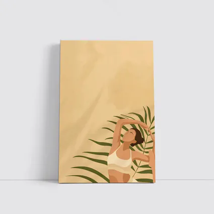 Woman Stretching With Tropical Palm Leaves