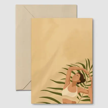 Woman Stretching With Tropical Palm Leaves