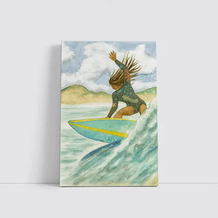Watercolor Woman Surfing Wave Tropical Background