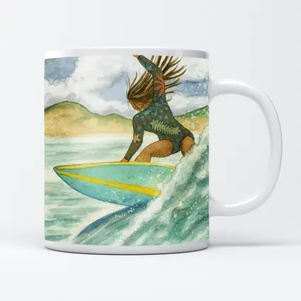 Watercolor Woman Surfing Wave Tropical Background
