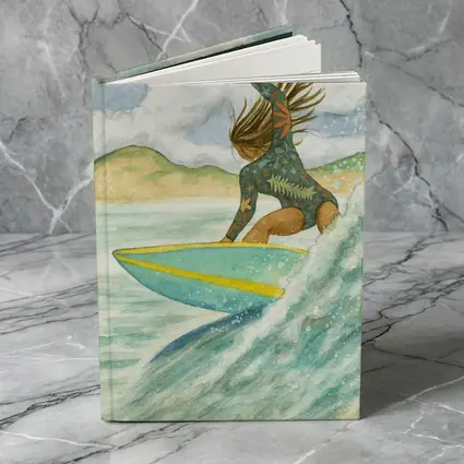 Watercolor Woman Surfing Wave Tropical Background