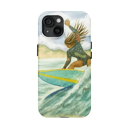 Watercolor Woman Surfing Wave Tropical Background