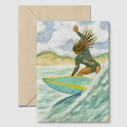 Watercolor Woman Surfing Wave Tropical Background