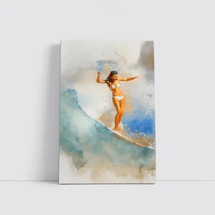 Watercolor Woman Surfing Blue Ocean Wave