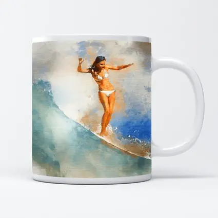 Watercolor Woman Surfing Blue Ocean Wave