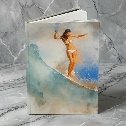 Watercolor Woman Surfing Blue Ocean Wave