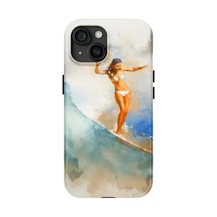Watercolor Woman Surfing Blue Ocean Wave