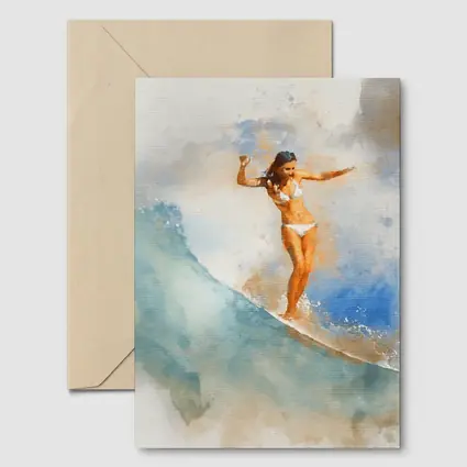 Watercolor Woman Surfing Blue Ocean Wave