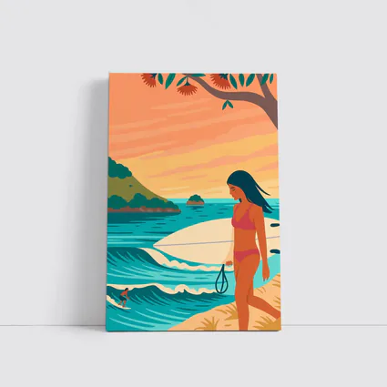 Surfer Girl Beach Sunset Illustration Art