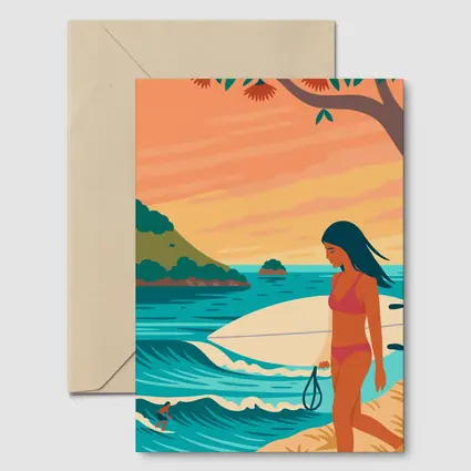 Surfer Girl Beach Sunset Illustration Art