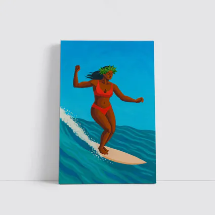 Hawaiian Surfer Woman Riding Ocean Wave