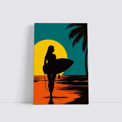 Surfer Girl Silhouette Sunset Palm Tree Beach