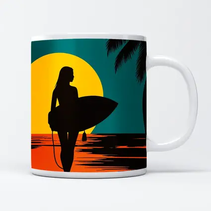 Surfer Girl Silhouette Sunset Palm Tree Beach