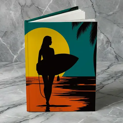 Surfer Girl Silhouette Sunset Palm Tree Beach