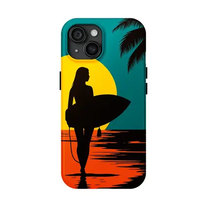 Surfer Girl Silhouette Sunset Palm Tree Beach