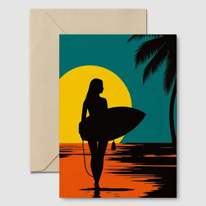 Surfer Girl Silhouette Sunset Palm Tree Beach