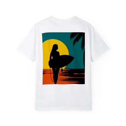 Surfer Girl Silhouette Sunset Palm Tree Beach