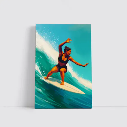Woman Surfing Big Teal Ocean Wave Art