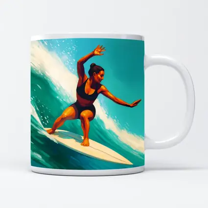 Woman Surfing Big Teal Ocean Wave Art