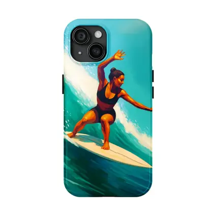 Woman Surfing Big Teal Ocean Wave Art