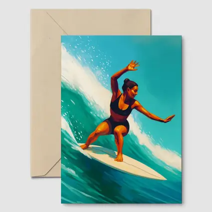 Woman Surfing Big Teal Ocean Wave Art