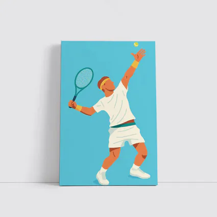 Tennis Player Serving Ball Blue Background