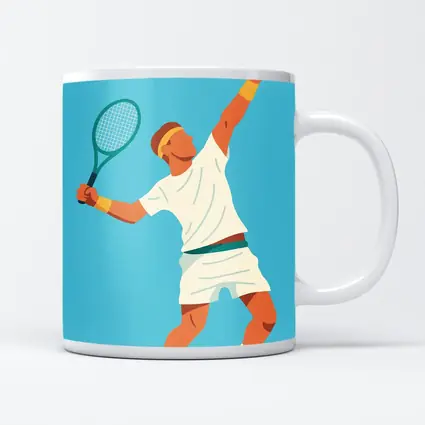Tennis Player Serving Ball Blue Background
