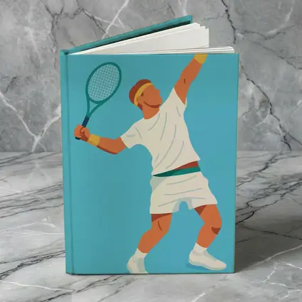 Tennis Player Serving Ball Blue Background