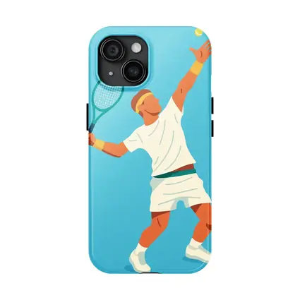 Tennis Player Serving Ball Blue Background