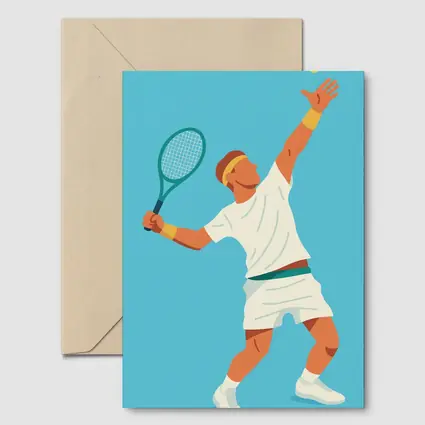 Tennis Player Serving Ball Blue Background