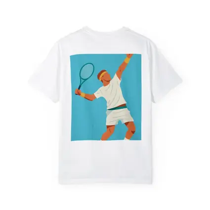 Tennis Player Serving Ball Blue Background