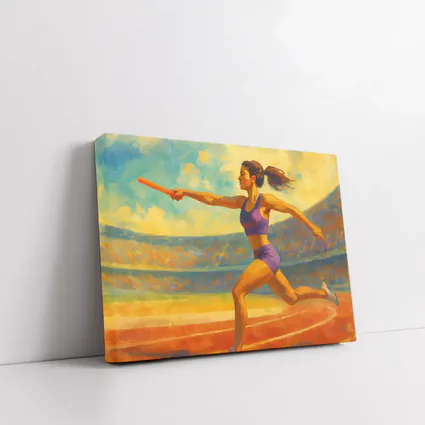 Female Relay Runner Oil Painting Stadium