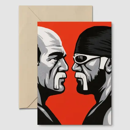 Two Wrestlers Face Off Red Background Art